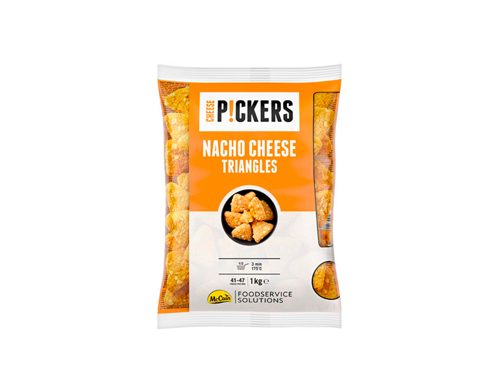 NACHO CHEESE TRIANGLES CONGELADOS PRÉ-FRITOS EMPANADOS RECHEADOS COM QUEIJO GOUDA E CHEDDAR PICKERS MCCAIN 1 KG (CX 6 PCT)